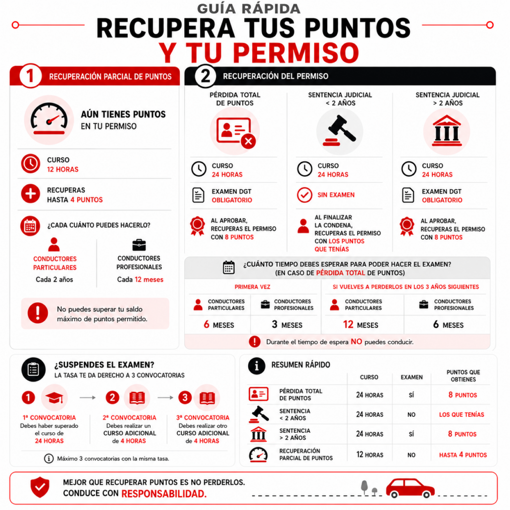 Infografía que explica las diferencias entre el curso de recuperación parcial de puntos y el curso de recuperación del permiso de conducir en Cataluña, incluyendo tiempos de espera, examen de la DGT y recuperación por sentencia judicial.